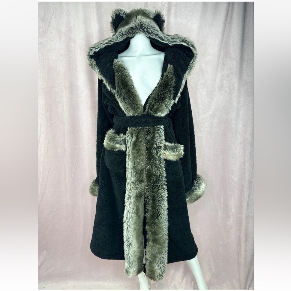 Spirithoods Womens Black Wolf Faux Fur Robe Plush Hood Ears Size Medium